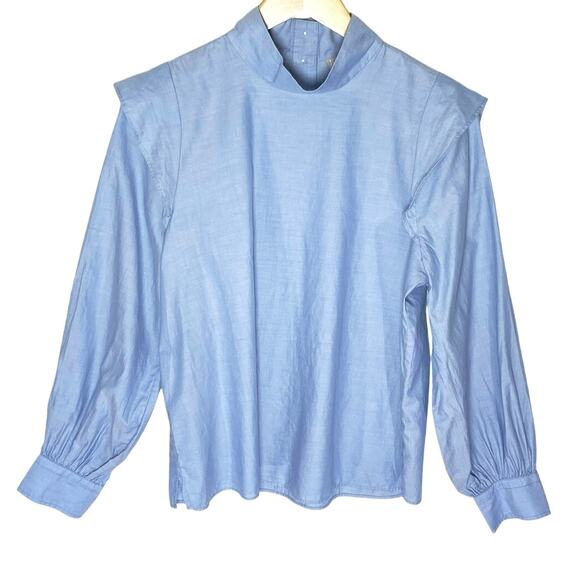 NWT EVERLANE Women’s Blue Wing Shoulder Bishop Sleeve Stand Collar Top - Picture 4 of 6